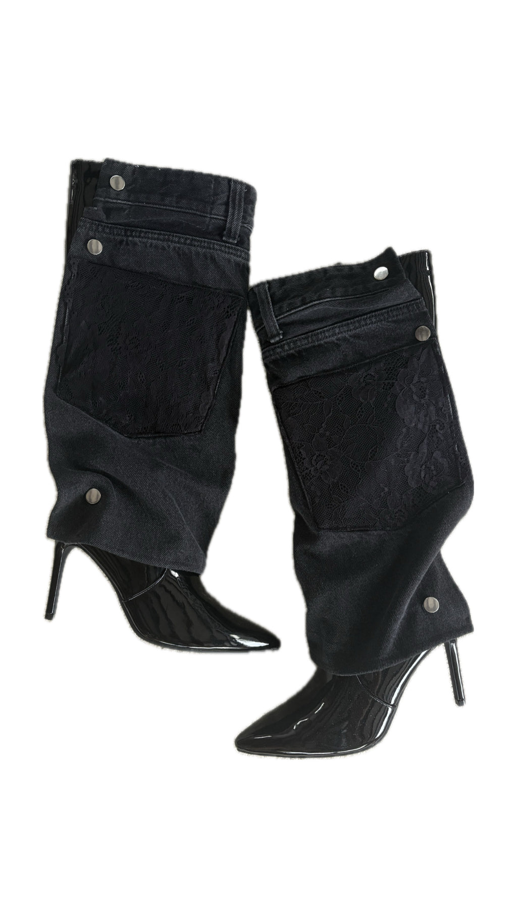 Black Shiny Denim Lace Heels