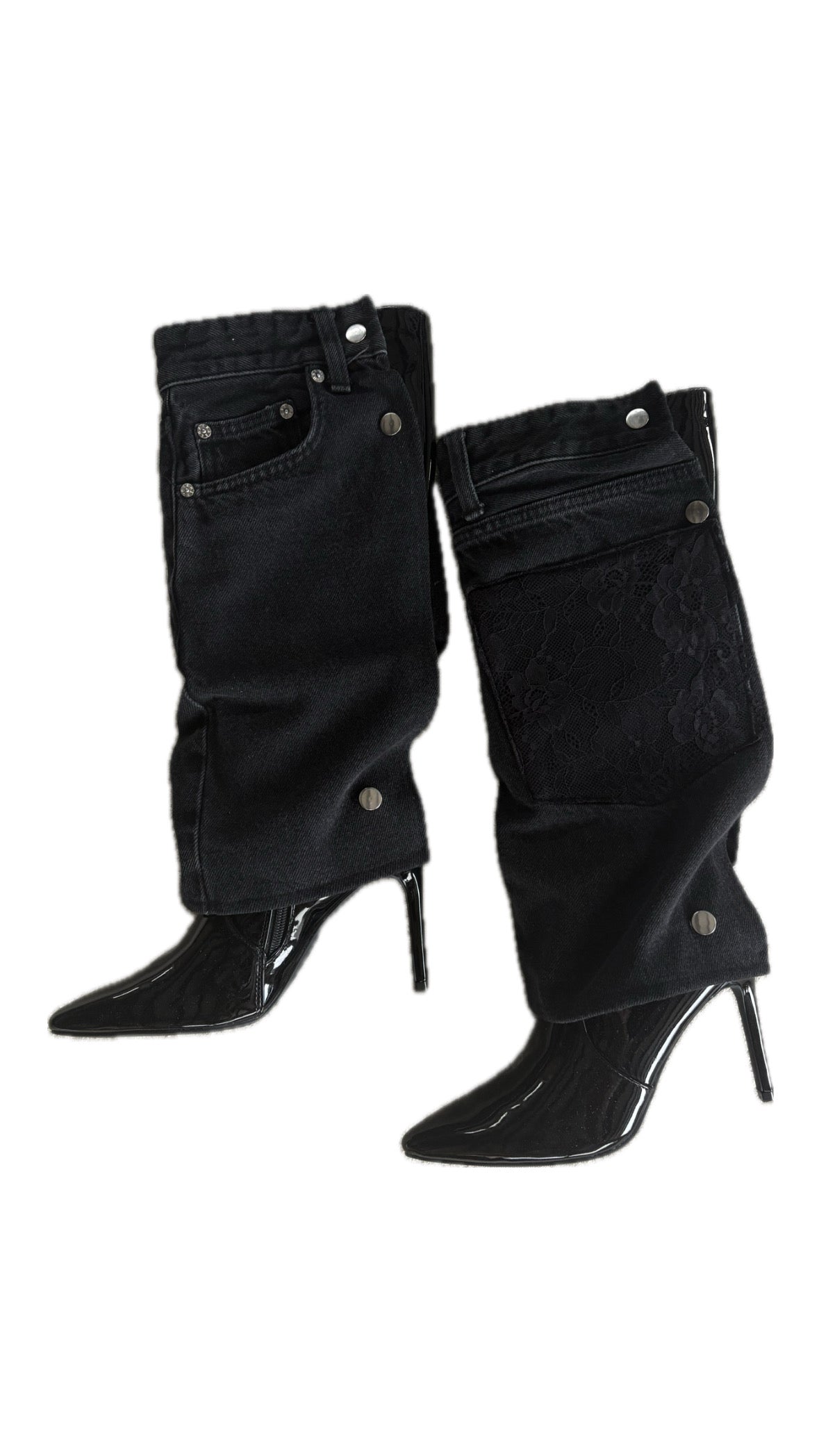 Black Shiny Denim Lace Heels