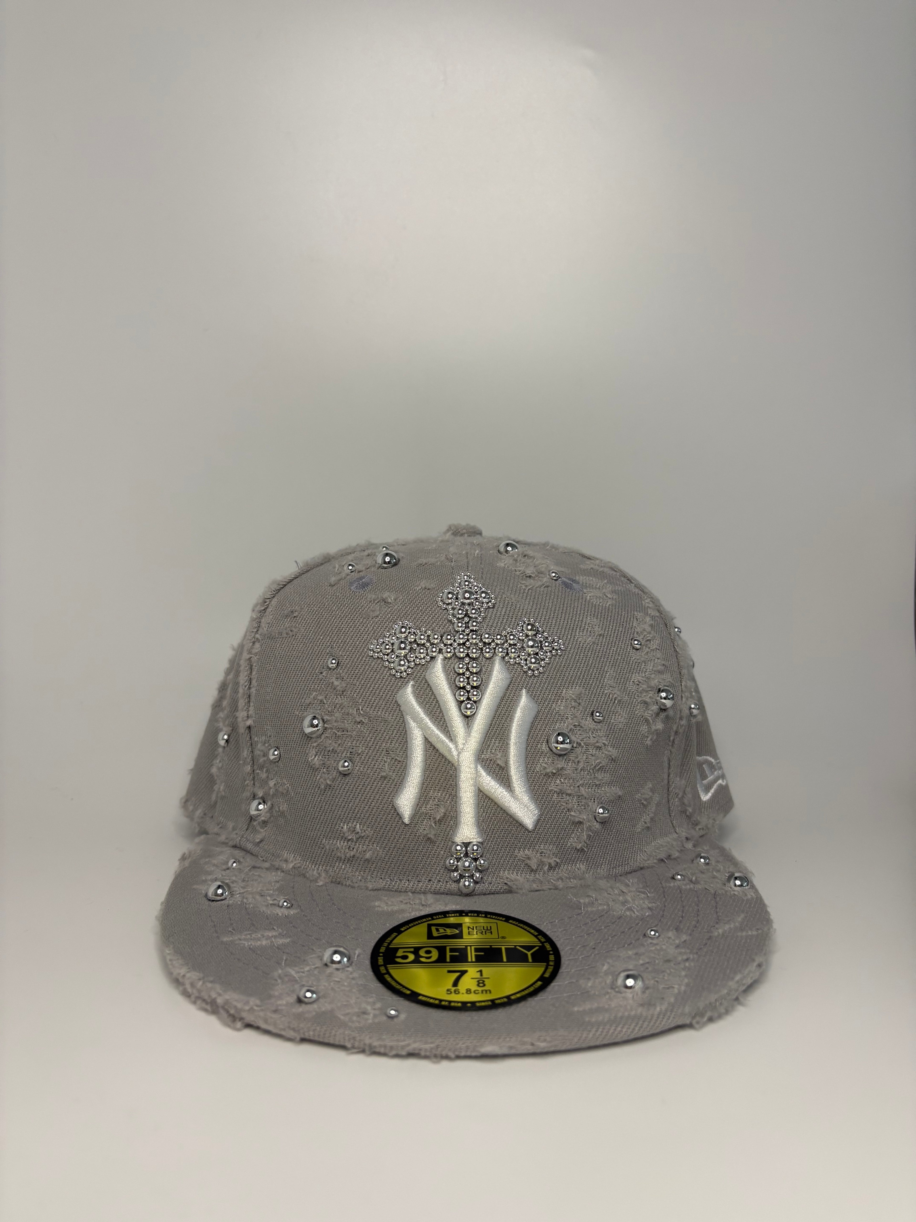 Custom Distressed Grey NY Yankees New Era 59FIFTY Fitted Hat with Rhinestone Cross and Studs