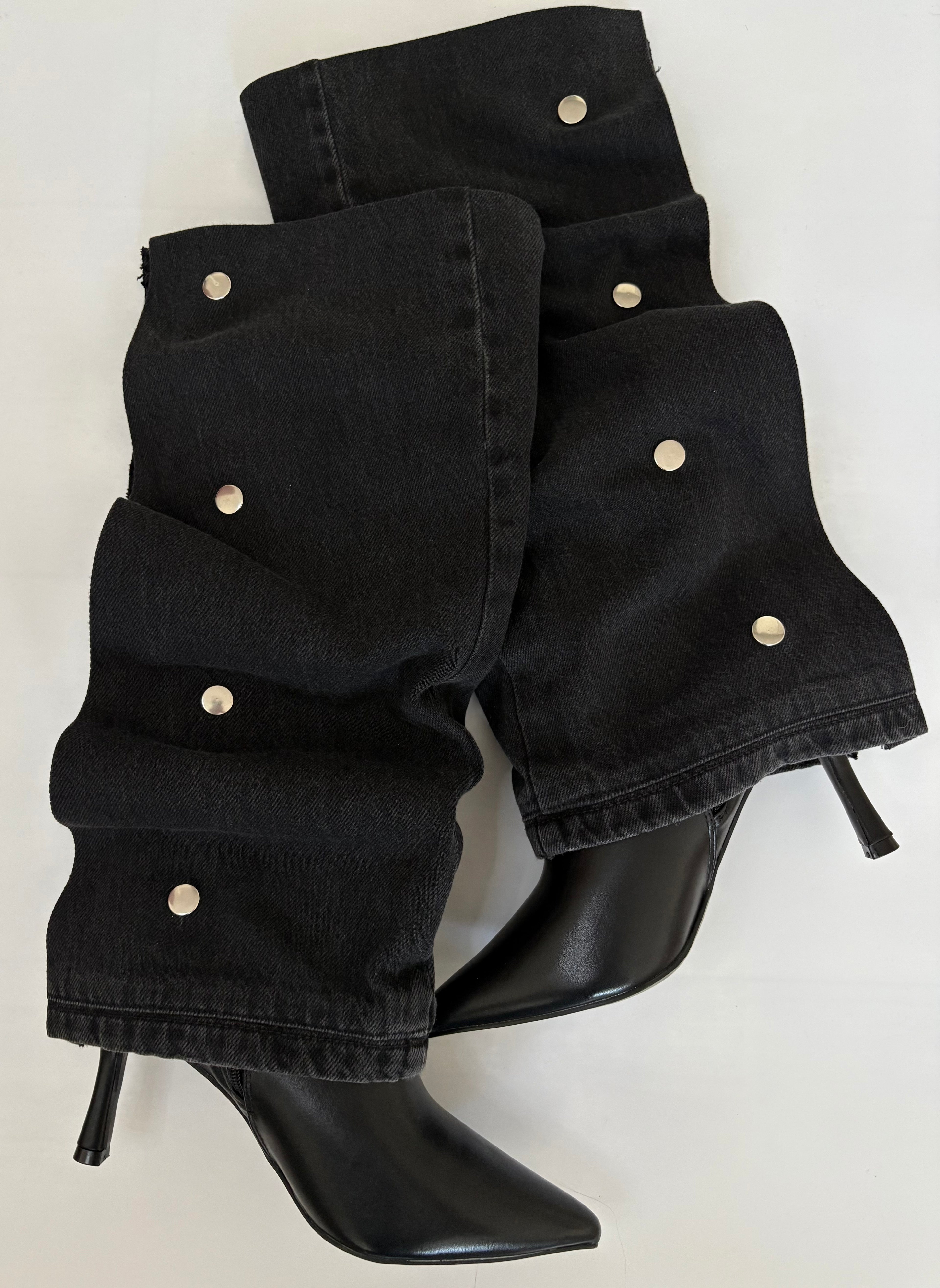 Black Denim Over-The-Knee Gaiter Heeled Boots with Silver Snaps