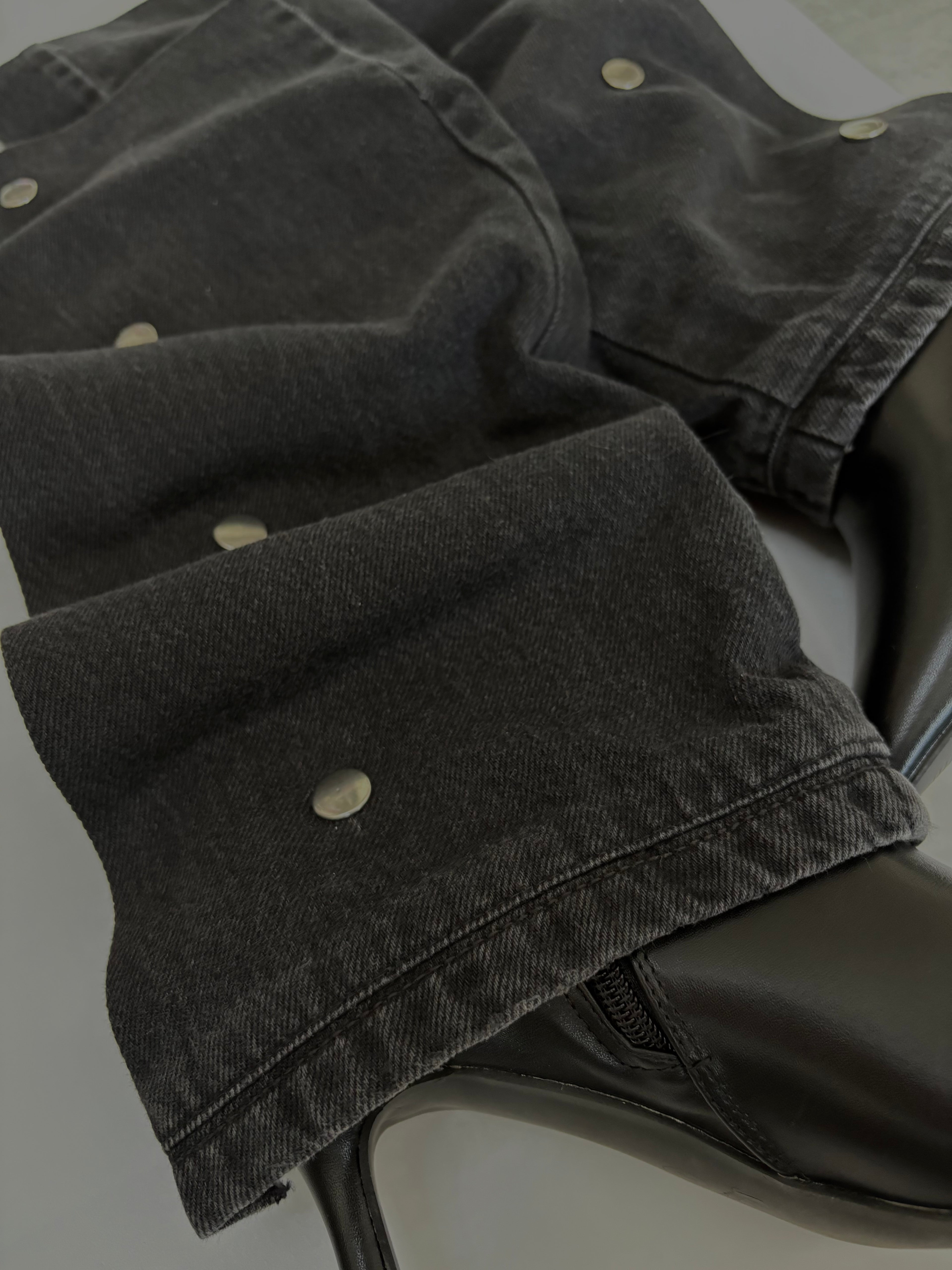 Black Denim Over-The-Knee Gaiter Heeled Boots with Silver Snaps