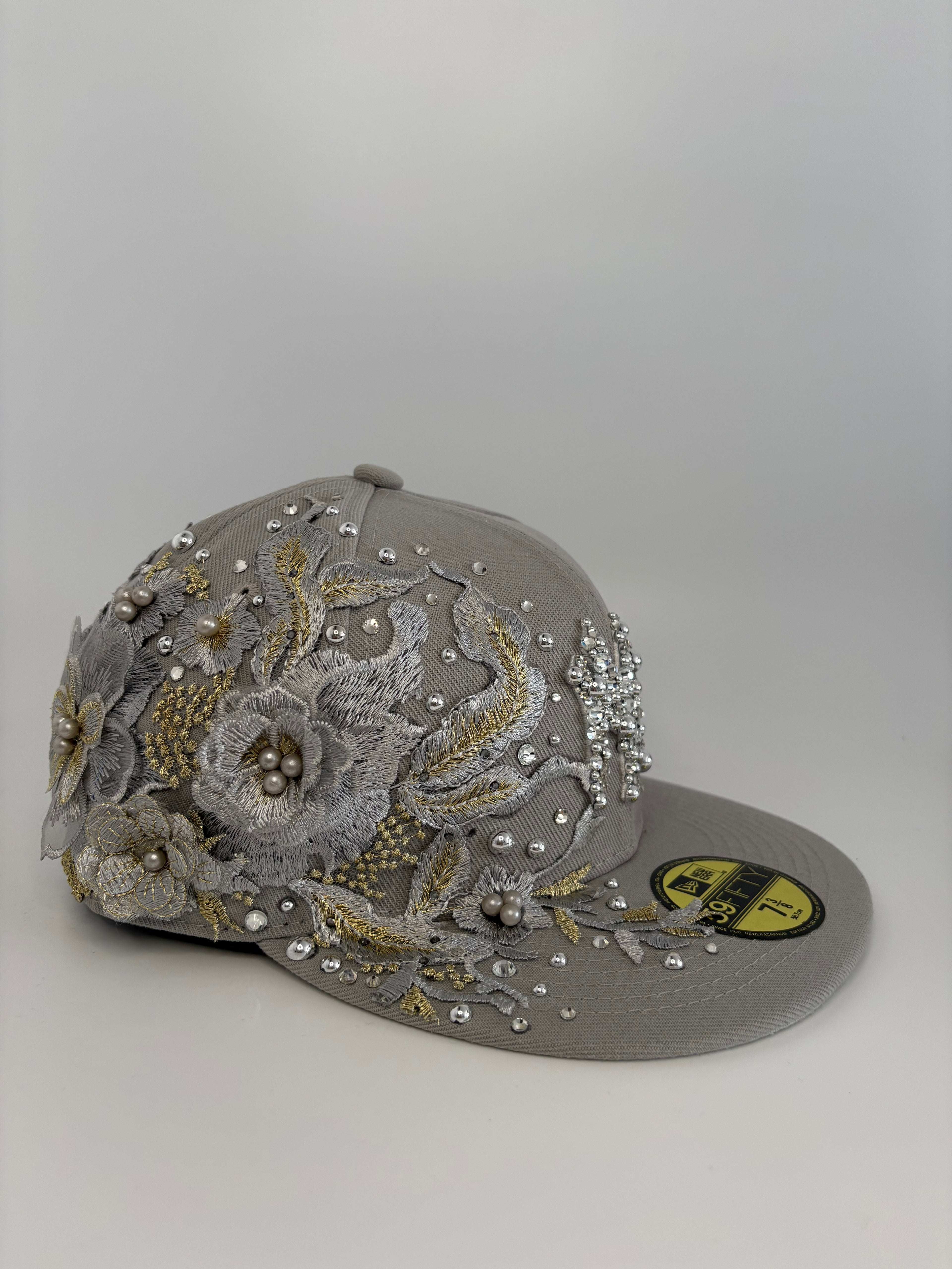 Custom Embellished NY Yankees Grey 59FIFTY Fitted Hat with Floral Embroidery and Rhinestones