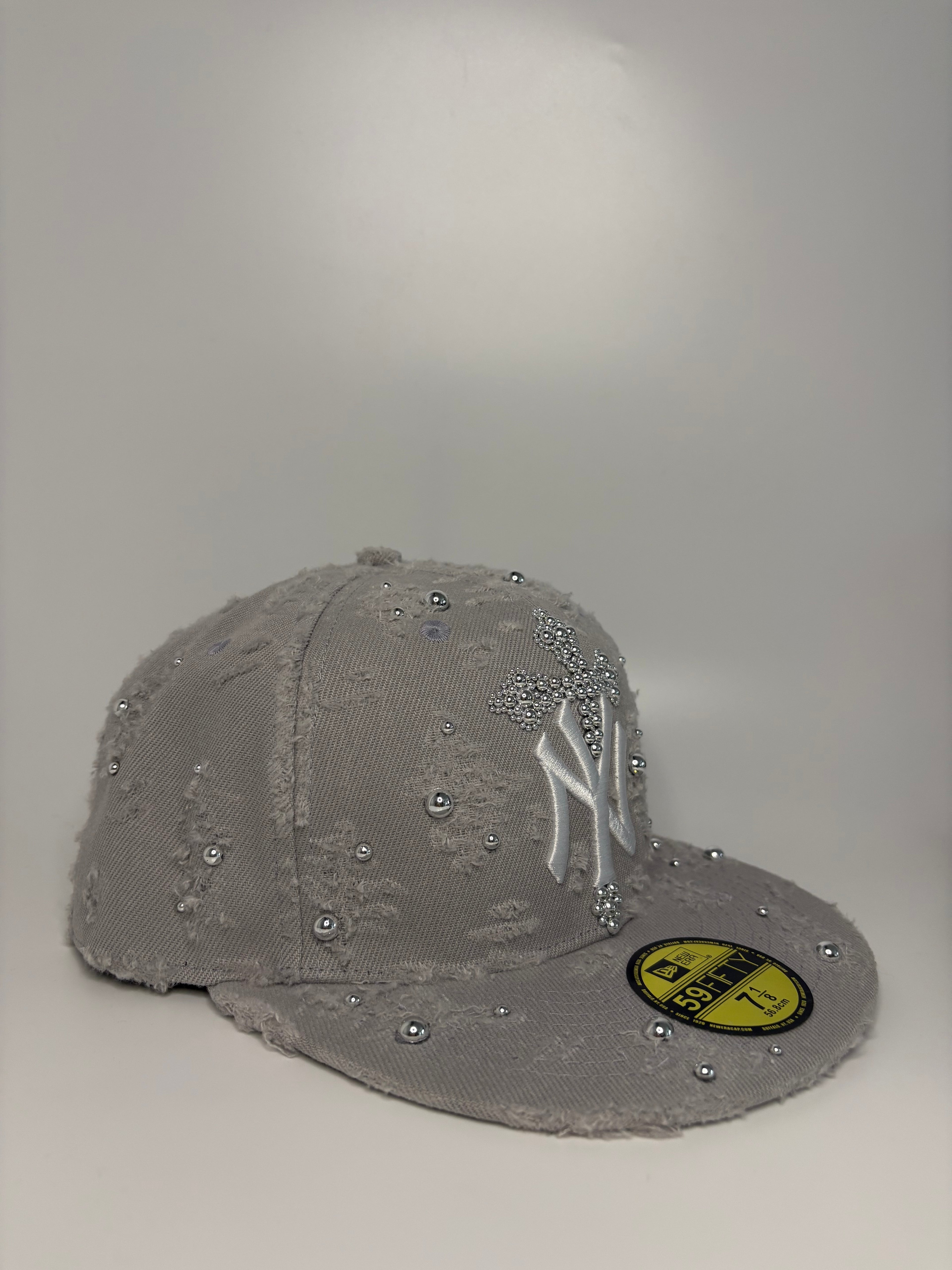 Custom Distressed Grey NY Yankees New Era 59FIFTY Fitted Hat with Rhinestone Cross and Studs