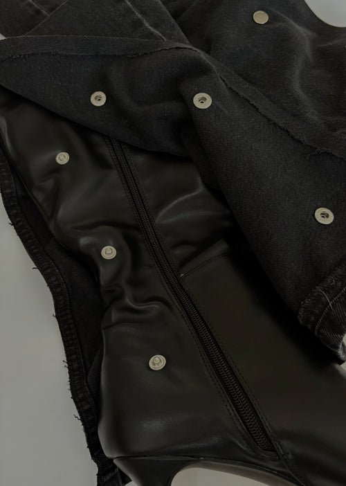 Black Denim Over-The-Knee Gaiter Heeled Boots with Silver Snaps