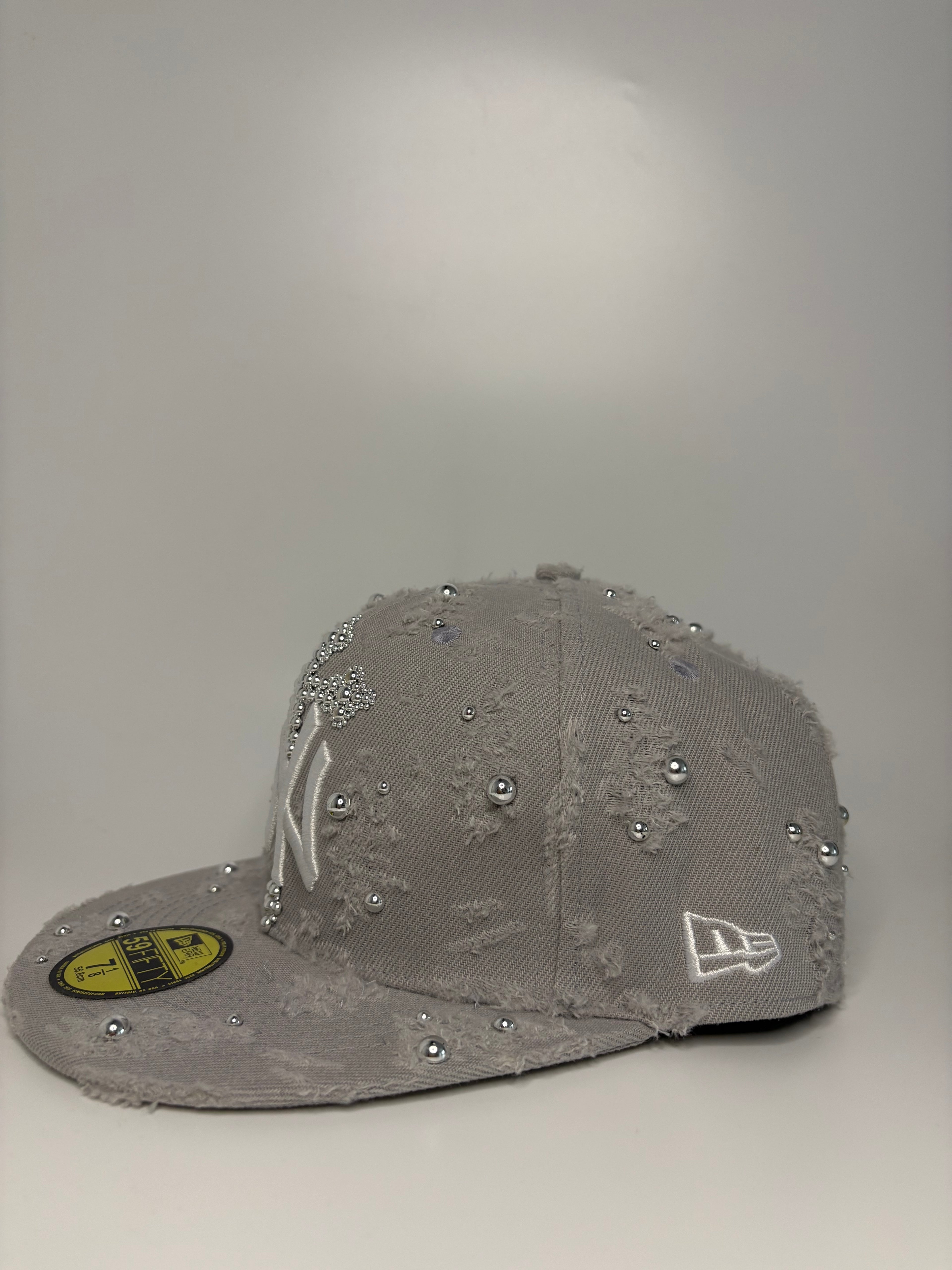 Custom Distressed Grey NY Yankees New Era 59FIFTY Fitted Hat with Rhinestone Cross and Studs