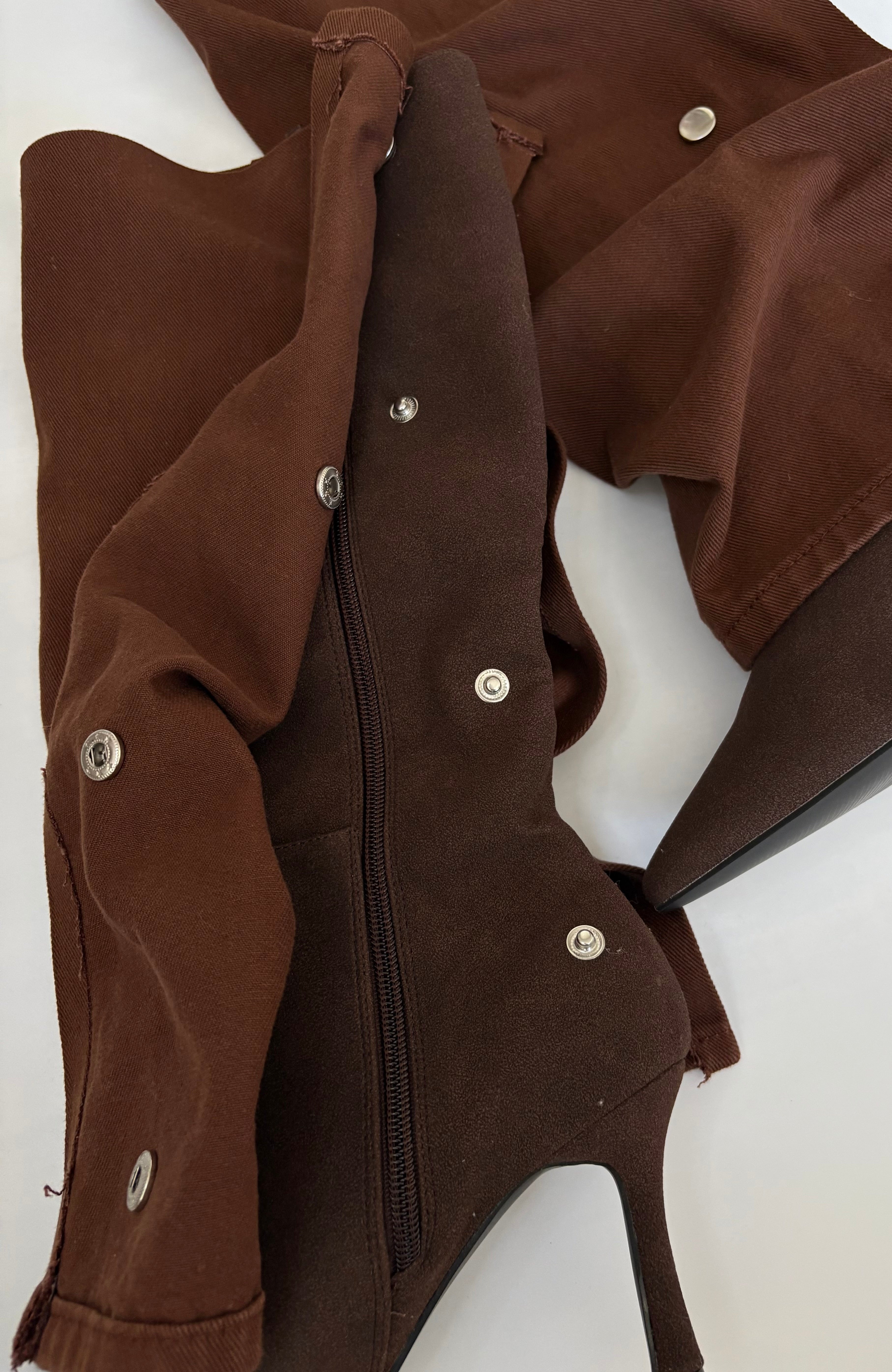 Brown Over-The-Knee Gaiter Heeled Boots with Silver Snaps