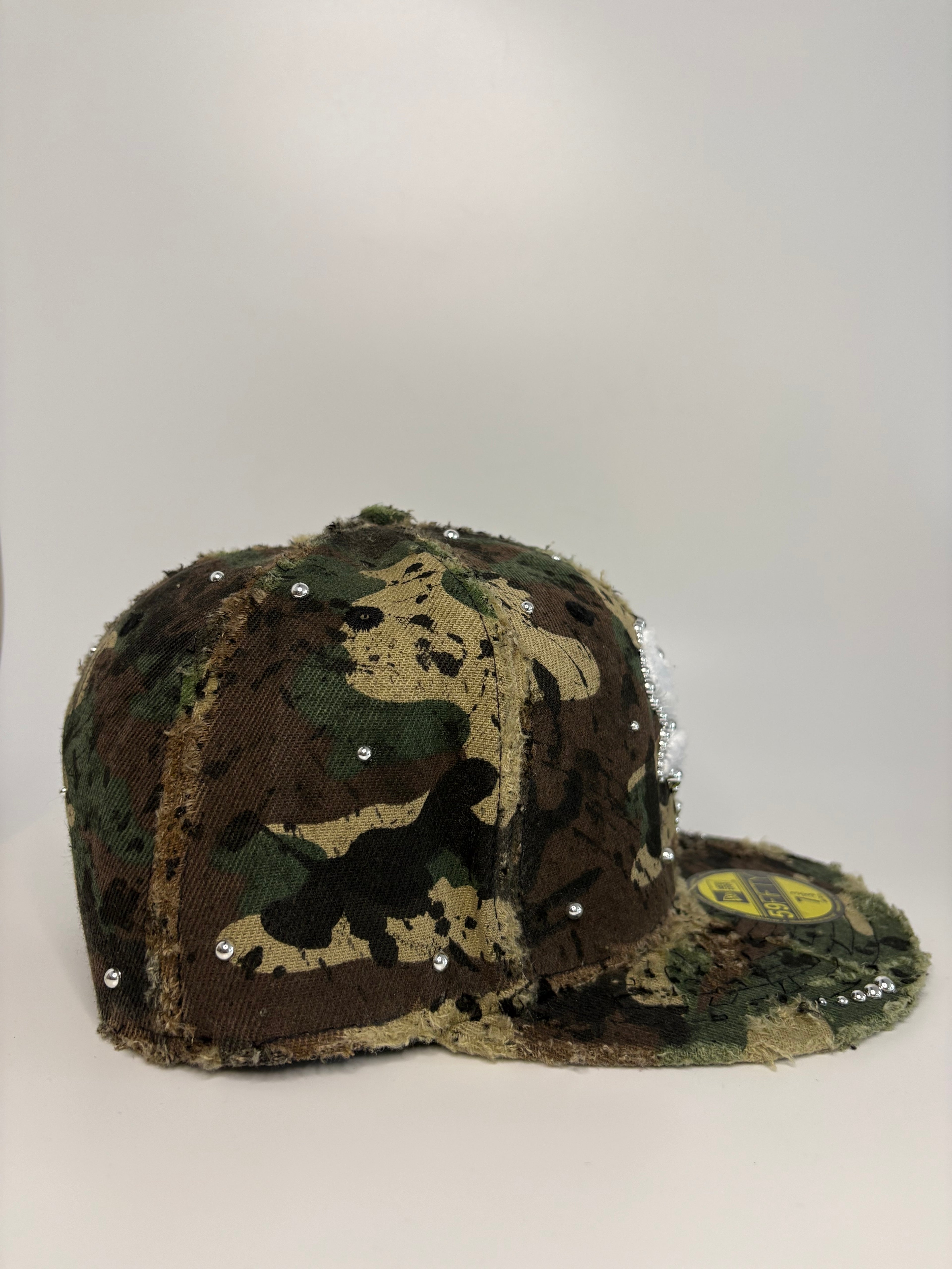 Custom Distressed Woodland Camo New Era 59FIFTY Fitted Hat with White Crystal-Embellished "S" Logo and Studs