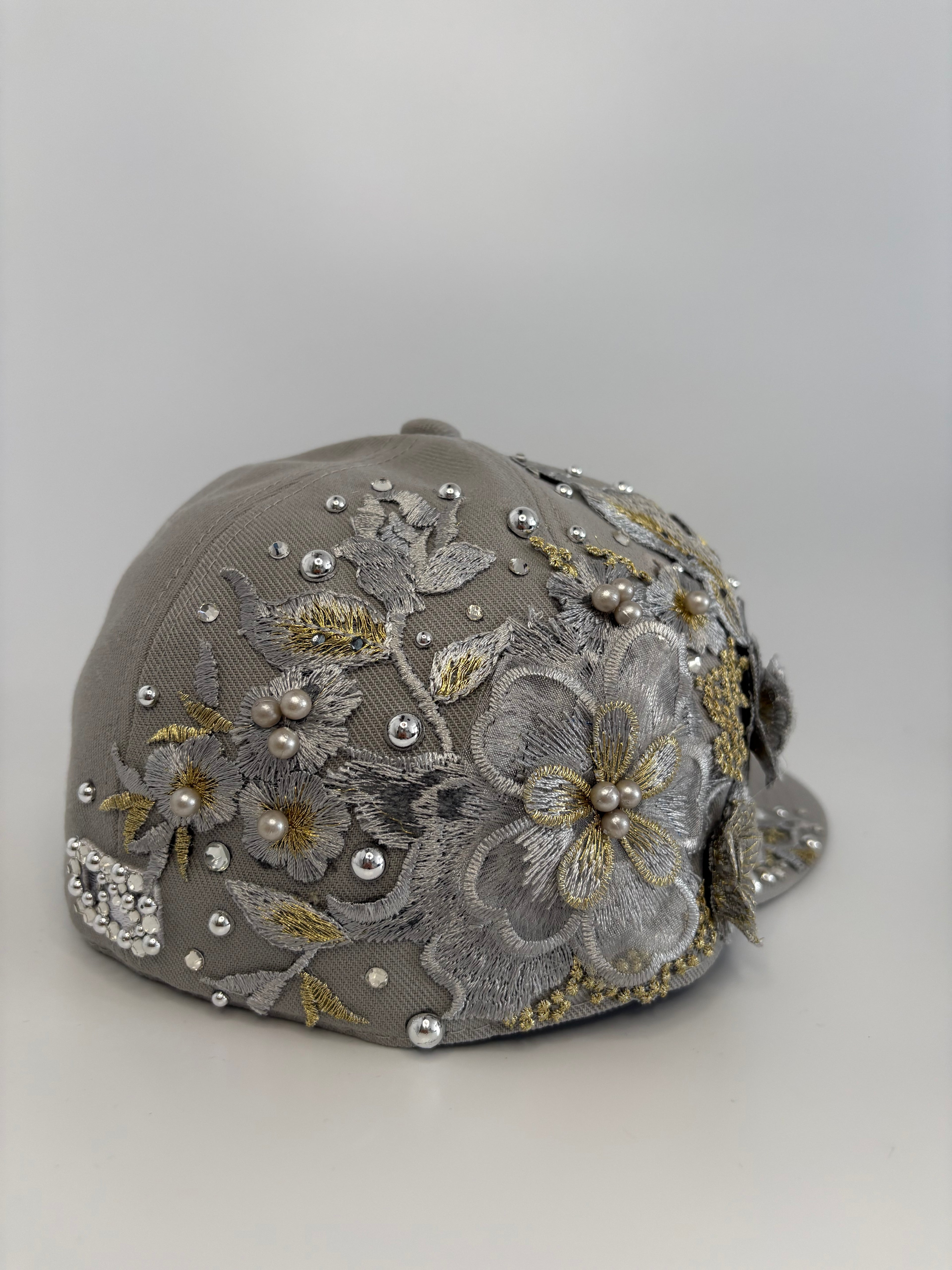 Custom Embellished NY Yankees Grey 59FIFTY Fitted Hat with Floral Embroidery and Rhinestones