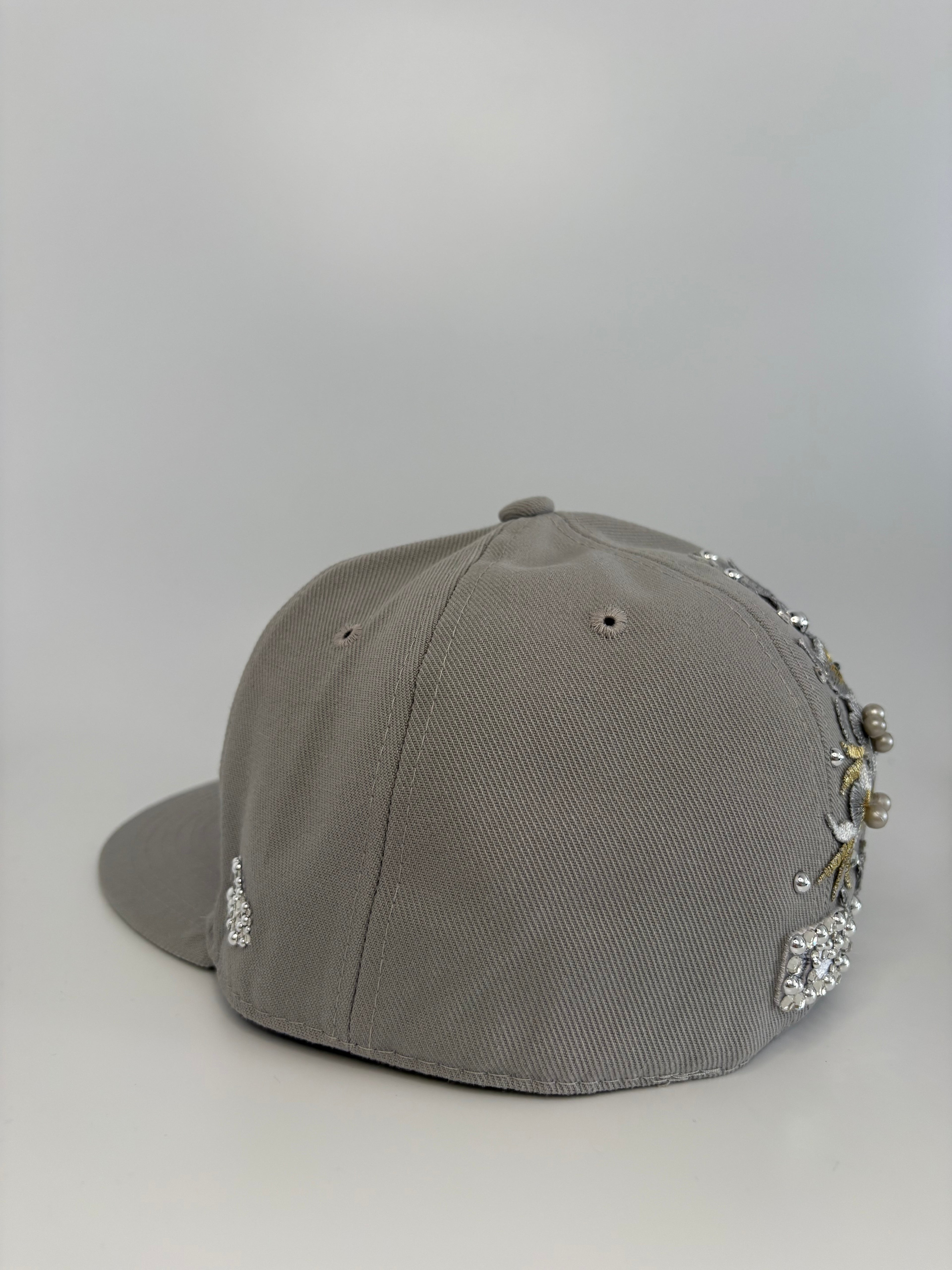 Custom Embellished NY Yankees Grey 59FIFTY Fitted Hat with Floral Embroidery and Rhinestones
