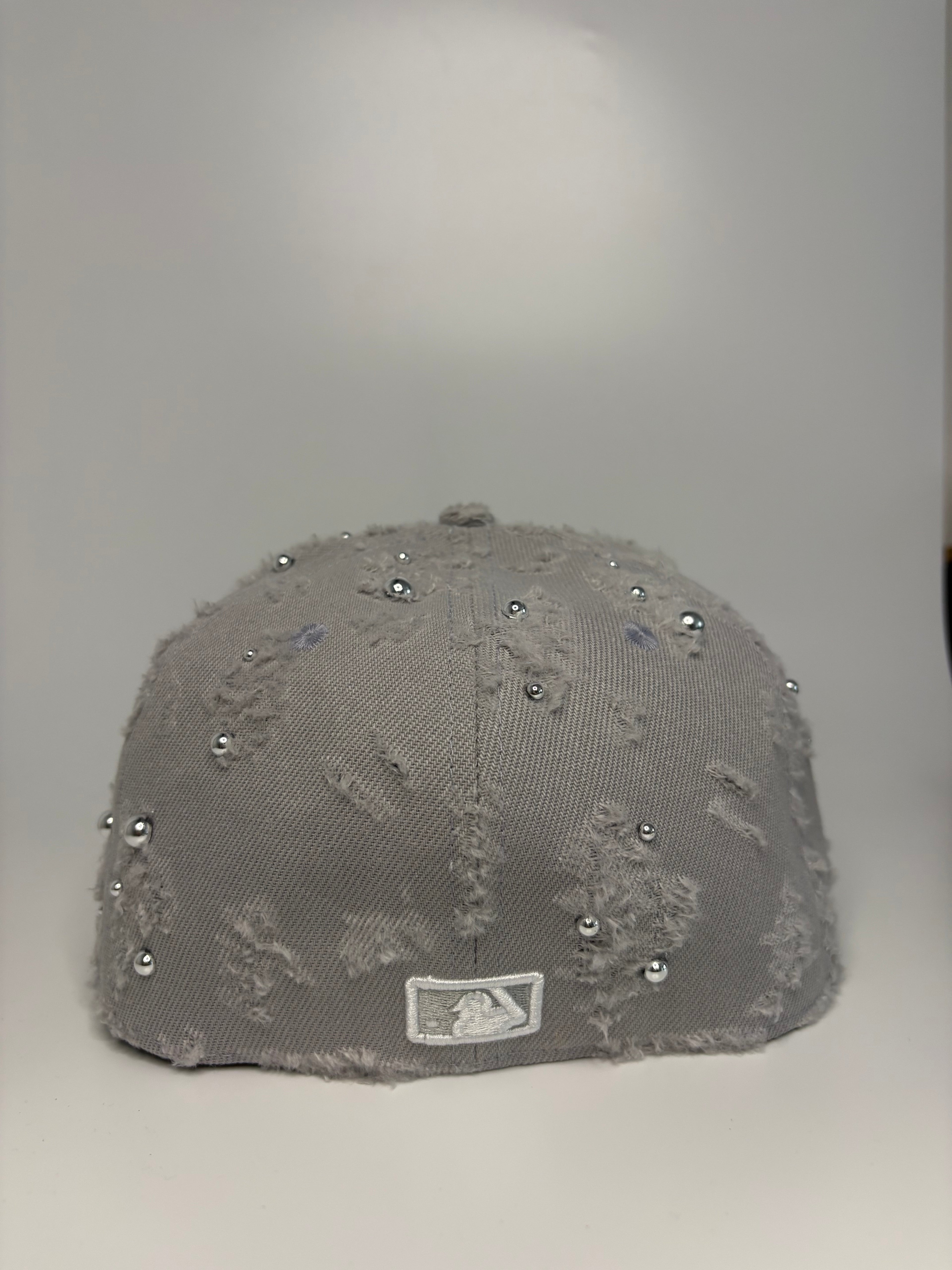 Custom Distressed Grey NY Yankees New Era 59FIFTY Fitted Hat with Rhinestone Cross and Studs