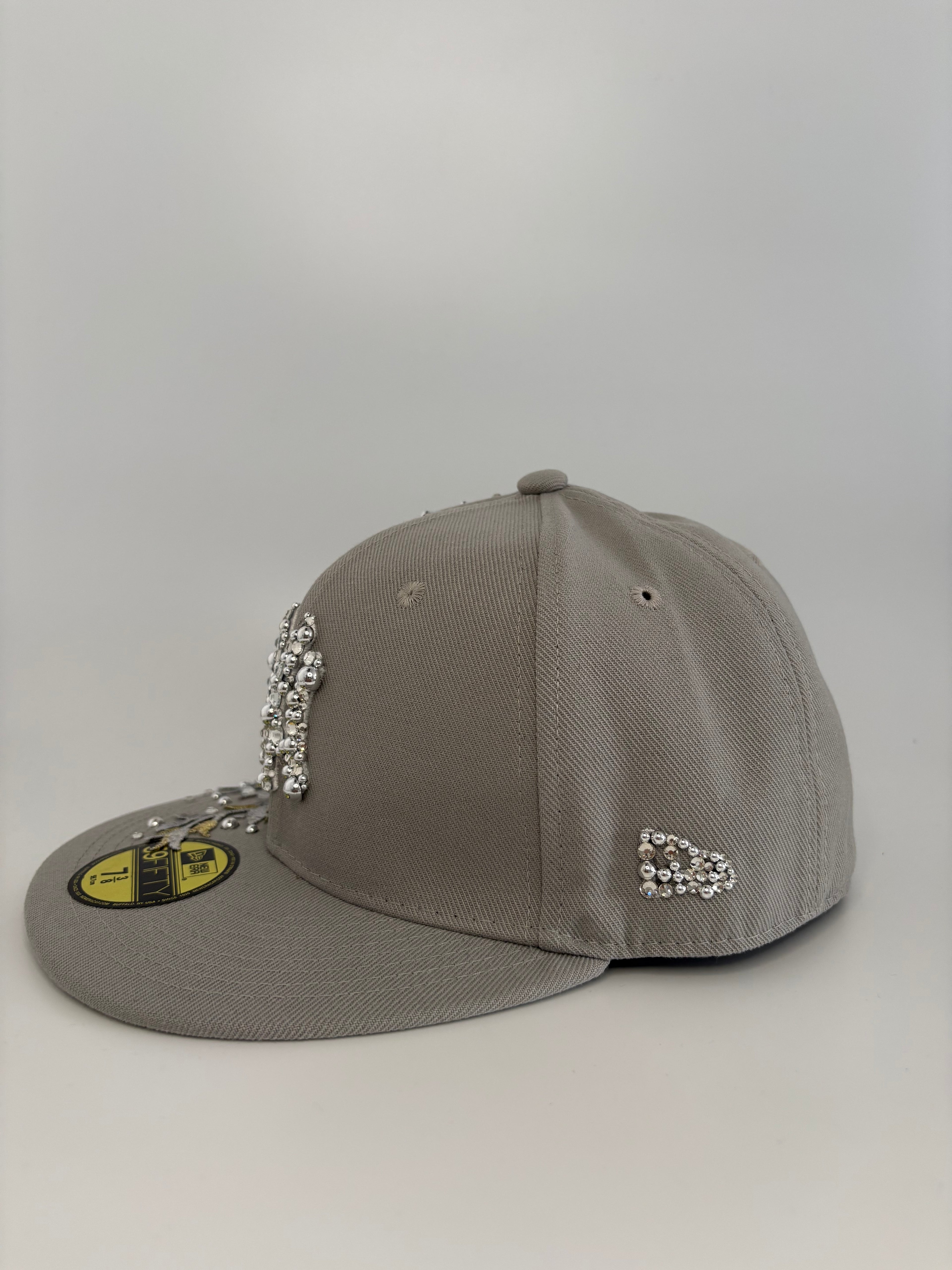 Custom Embellished NY Yankees Grey 59FIFTY Fitted Hat with Floral Embroidery and Rhinestones