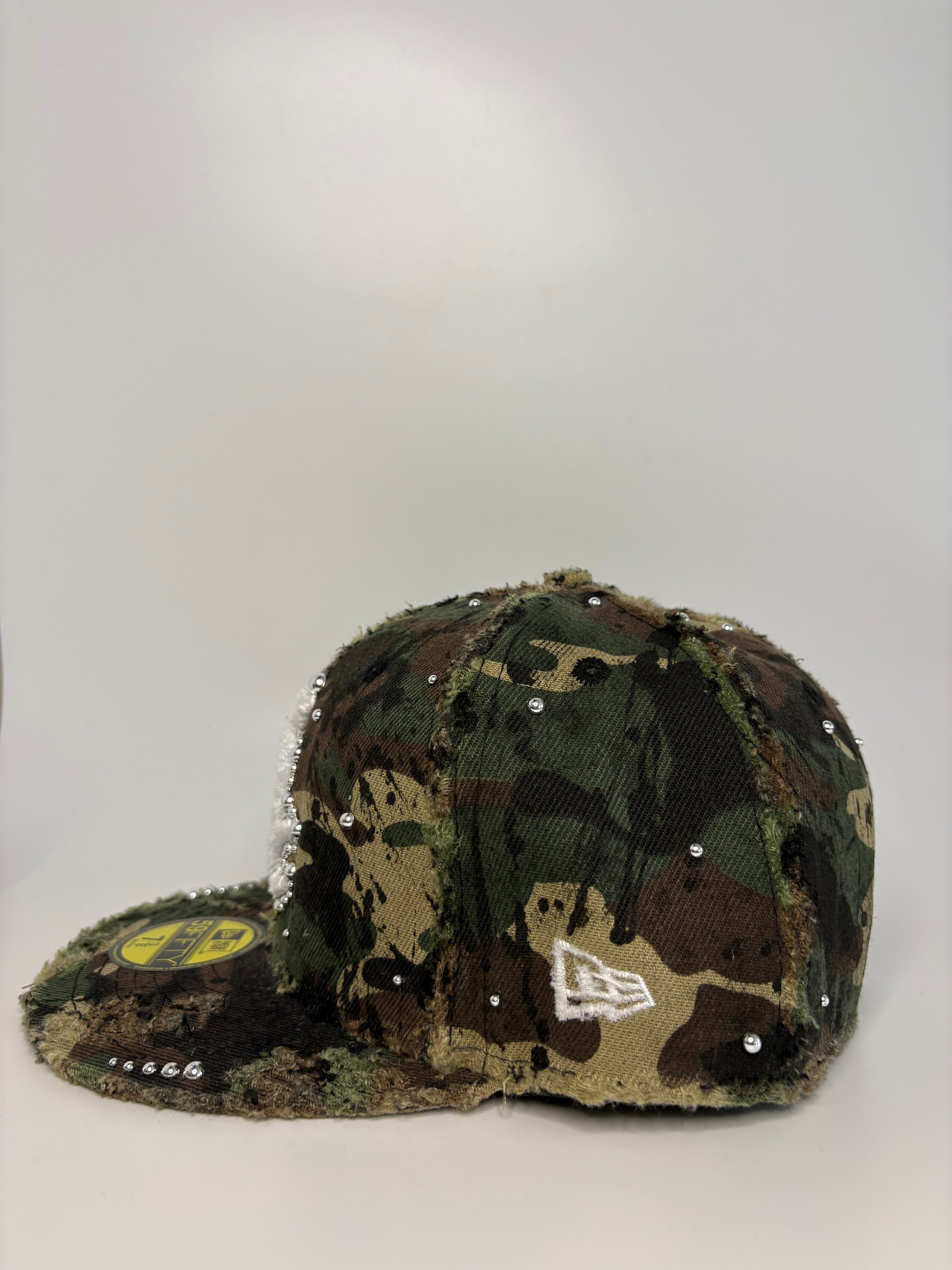 Custom Distressed Woodland Camo New Era 59FIFTY Fitted Hat with White Crystal-Embellished "S" Logo and Studs